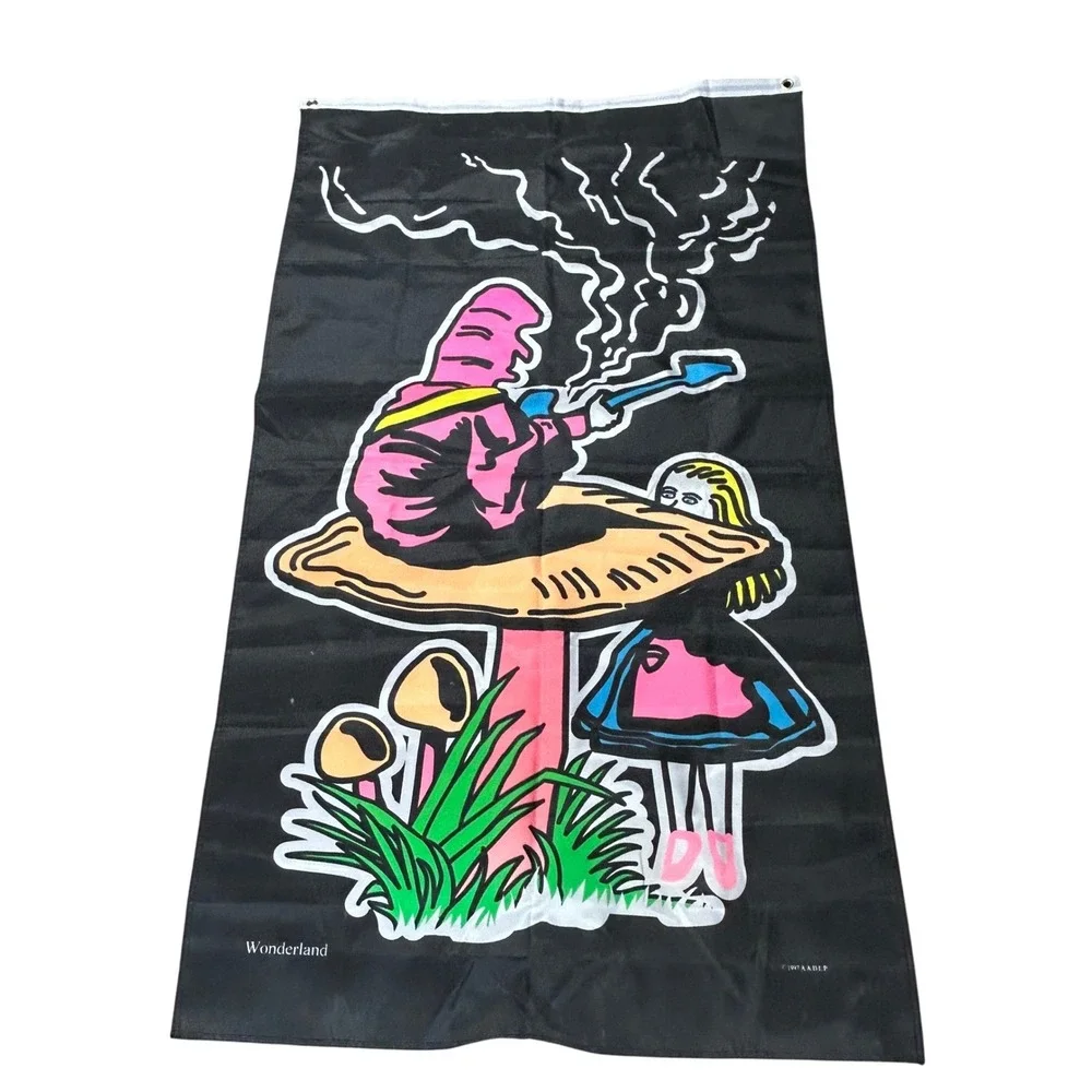 Vintage‎ Wonderland Flag Tapestry 1997 AADP Art Black Alice Mushroom Design